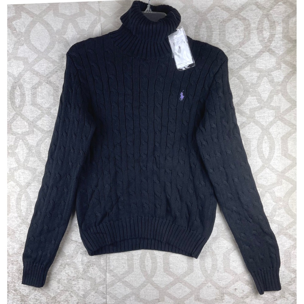 Ralph Lauren Sport Women Medium Black NWT Cable Knit Turtleneck Cotton Sweater